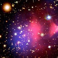 NASA image of the Bullet Cluster indicating what is believed to be dark matter (in blue). Source: NASA / CXC / CIA / STSci / Magellan / Univ. of Ariz. / ESO.
