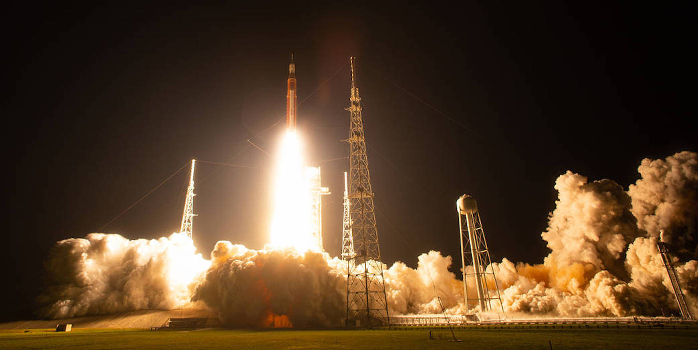 NASA’s Space Launch System rocket carrying the Orion spacecraft launches on the Artemis.