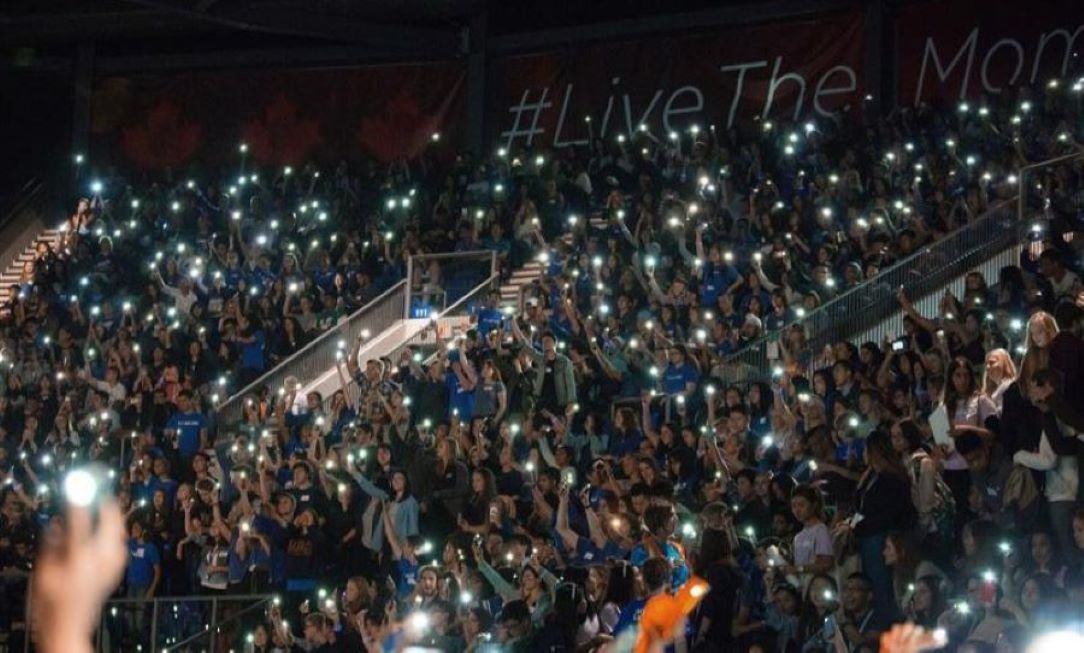 Students gathered in a stadium for the Pep Rally