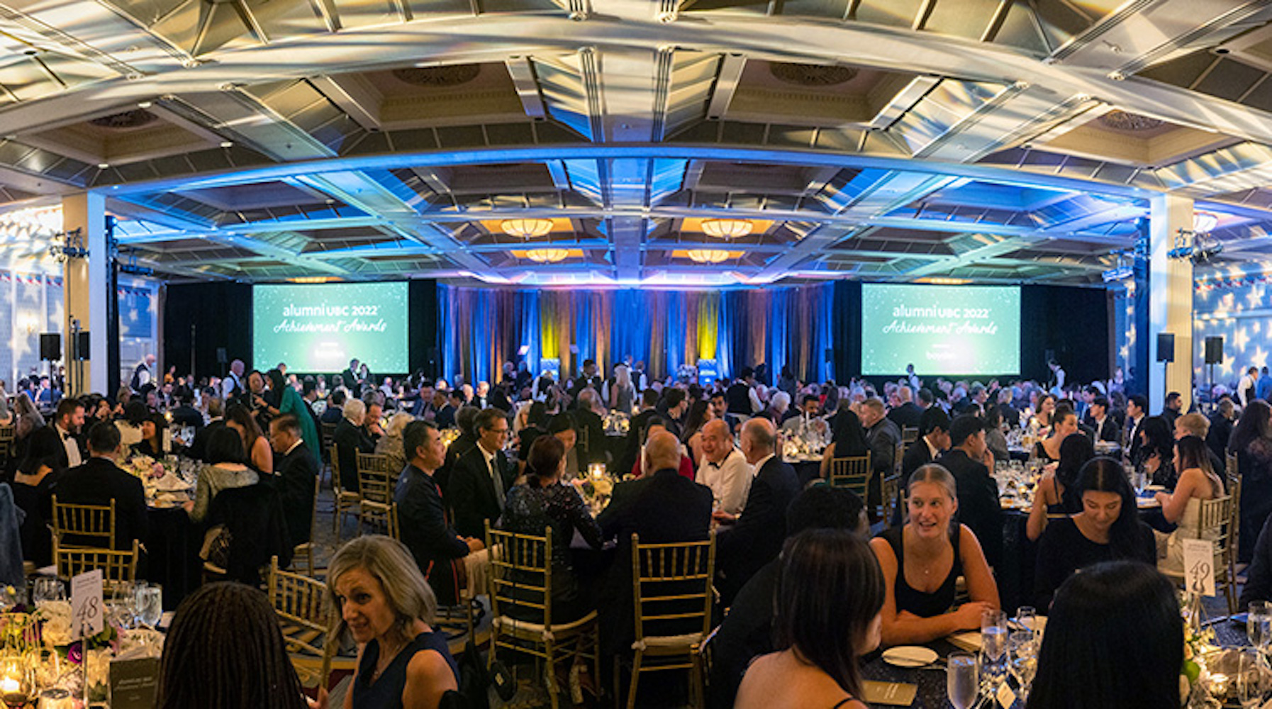 A large party gathering with people sitting around round tables.