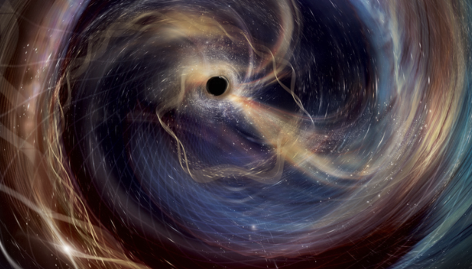 Artwork depicting a collision between two black holes.