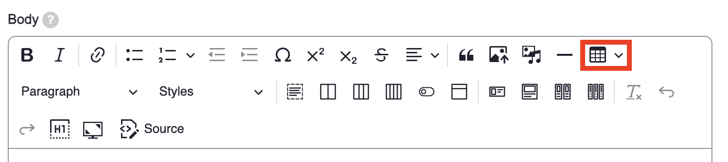 screenshot of the add table function