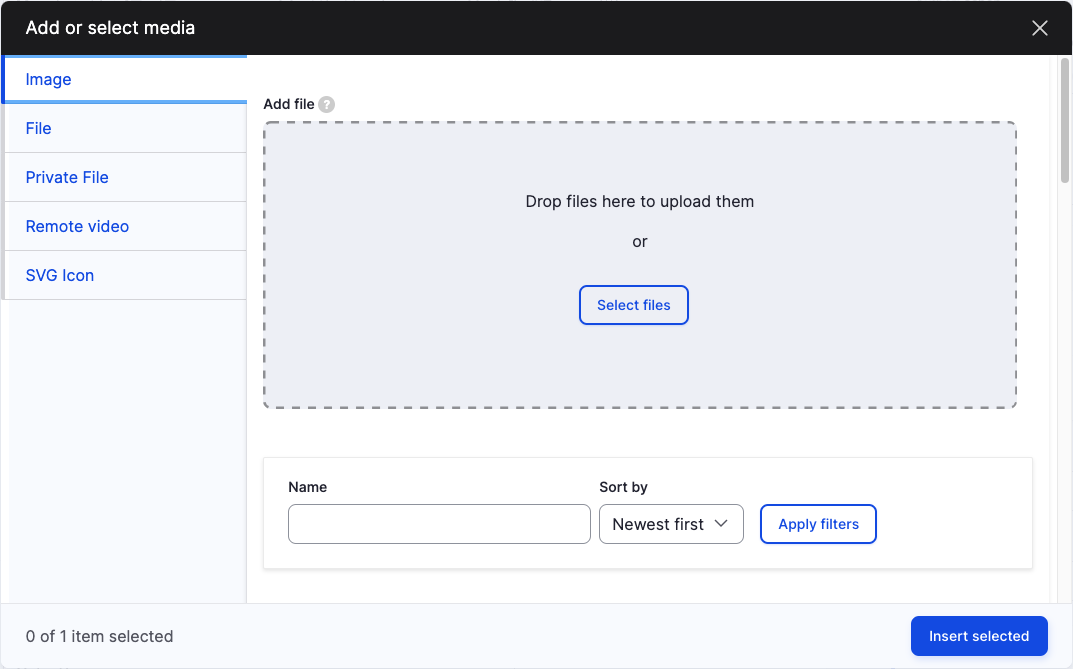 image of the insert media pop-up