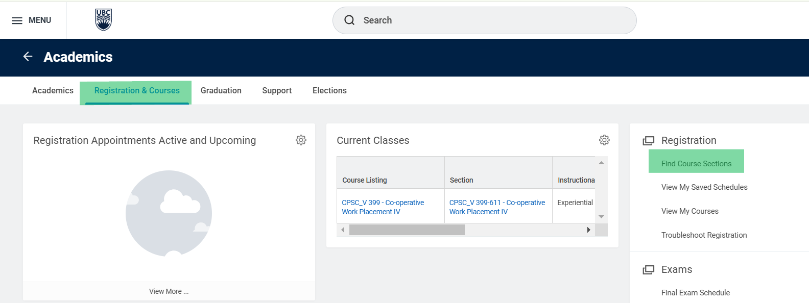 Screenshot of Find Course Sections button in Workday