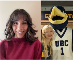 Emma wearing a red sweater and Nichola beside the UBC T-bird