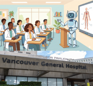 A cartoon robot teaching to a room of doctors and the VGH  building sign