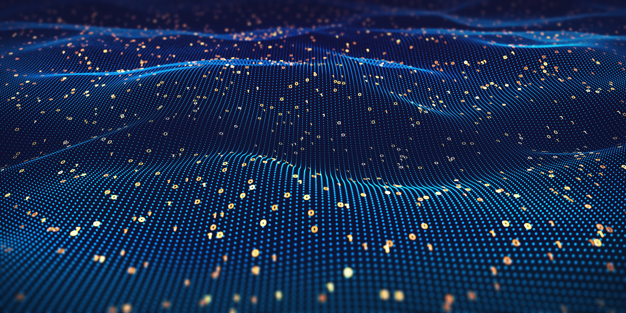 Data technology background with dots and binary code on 3D wave landscape