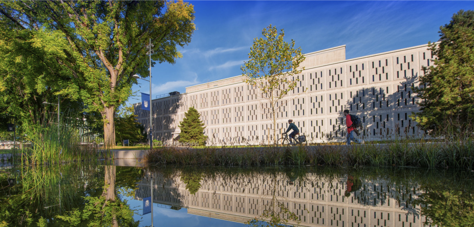 Students pass by UBC physics and chemistry buildings